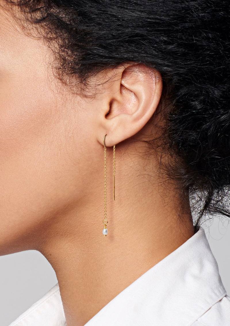 Threader Earrings with pearl 14k yellow gold